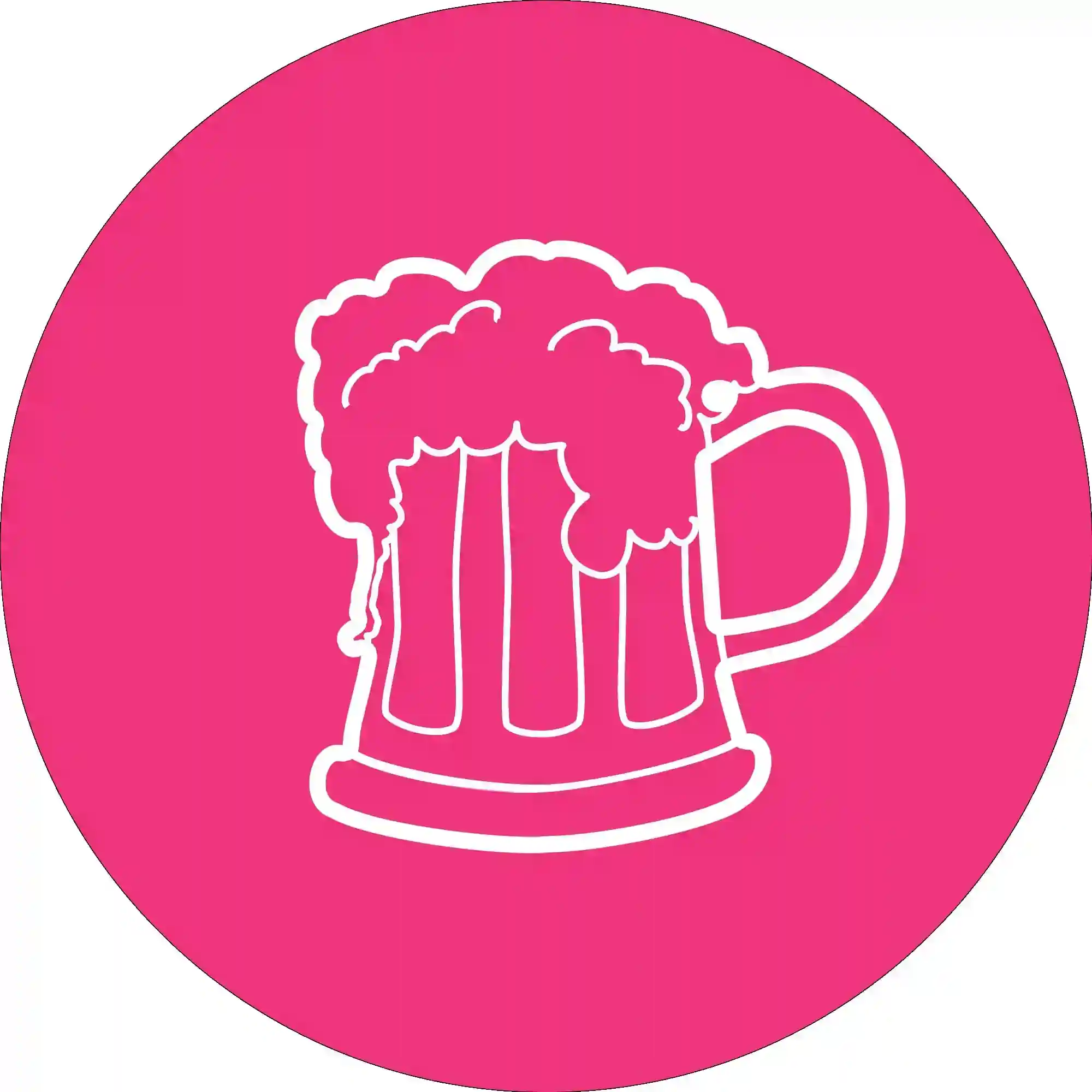 White line drawing of a frothy beer mug on a solid pink circular background.