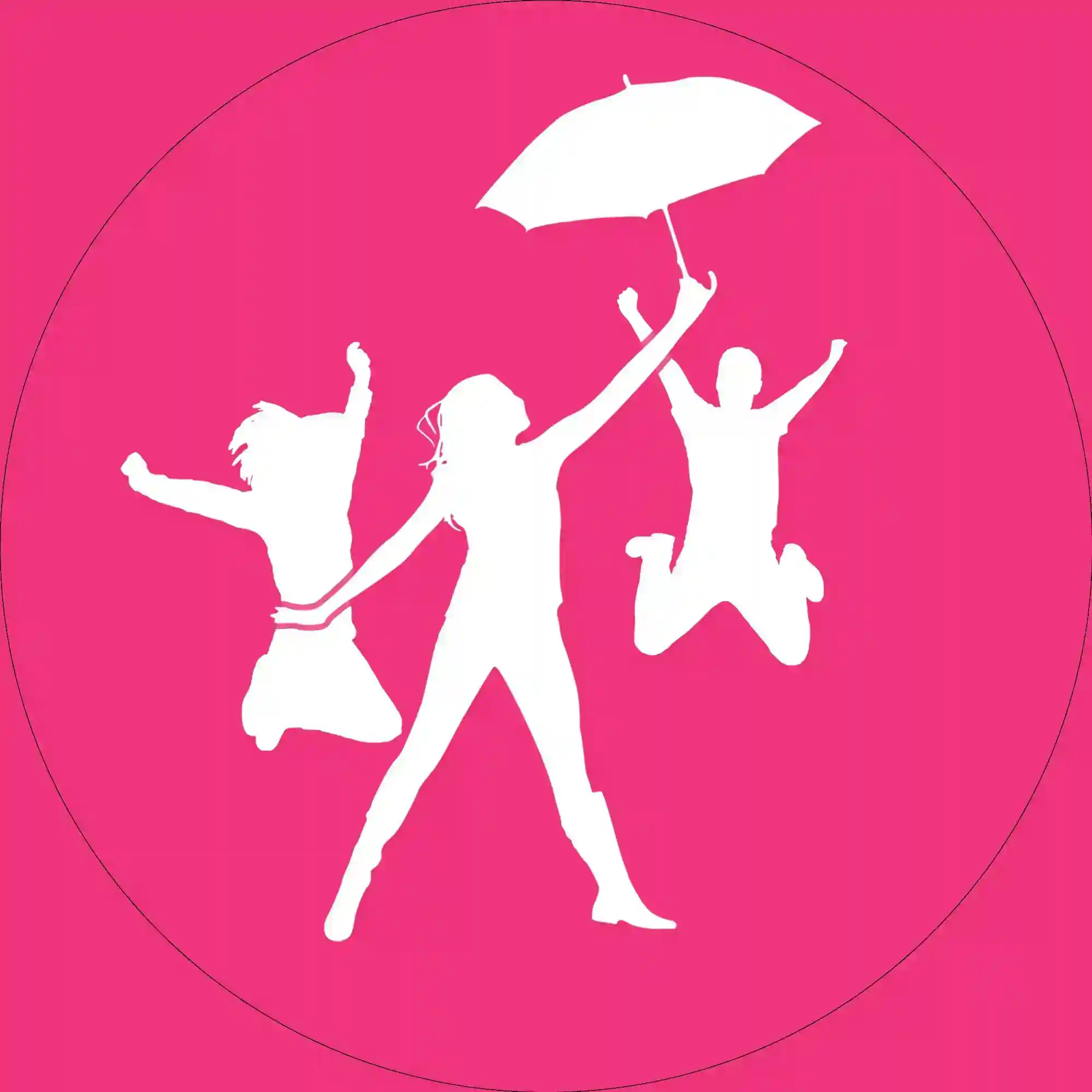 White silhouettes of three people, one holding an umbrella, jumping with excitement against a solid pink circular background.