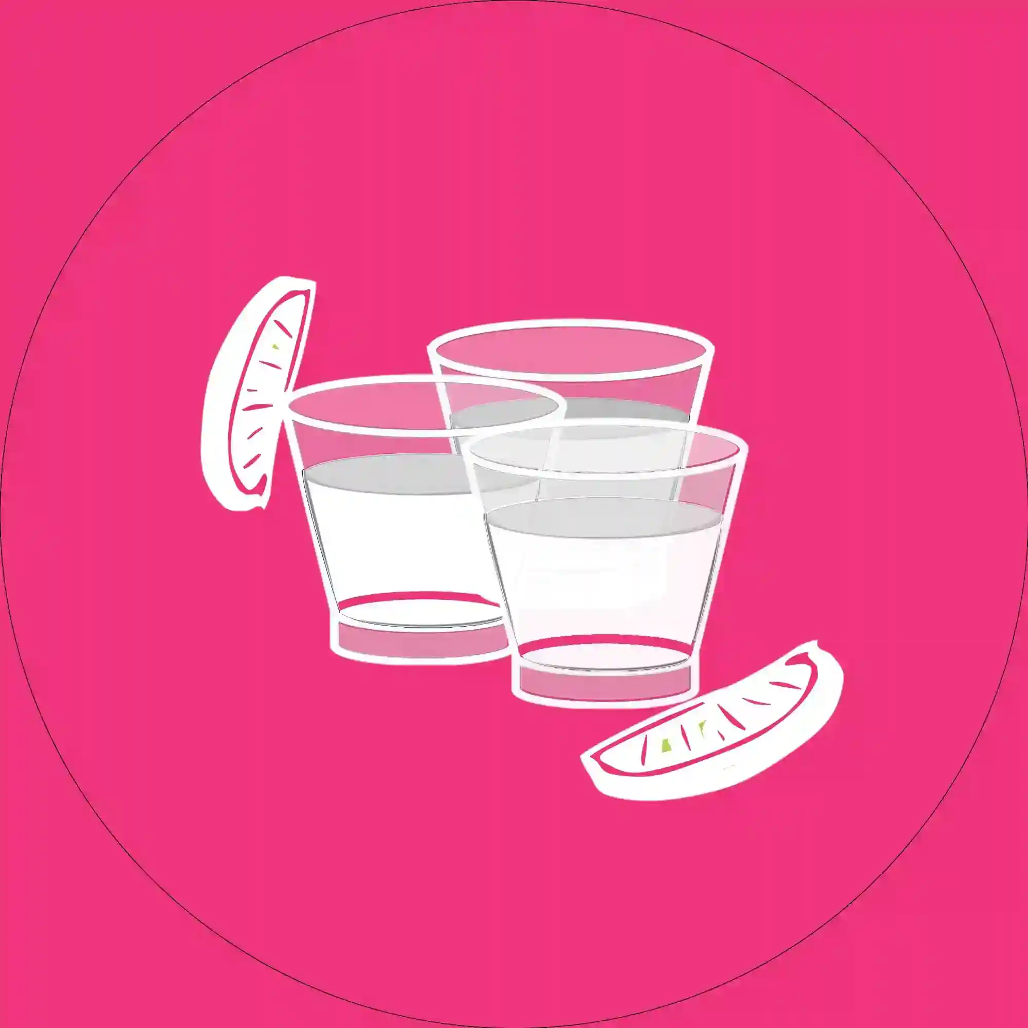 Three clear drinking glasses filled with liquid and two lemon or lime wedges are illustrated on a solid pink background.