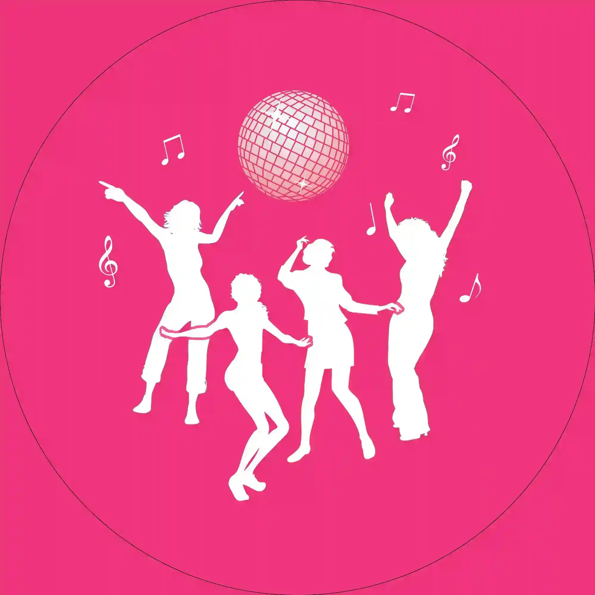 Silhouettes of four people dancing under a disco ball with musical notes around them on a pink background.