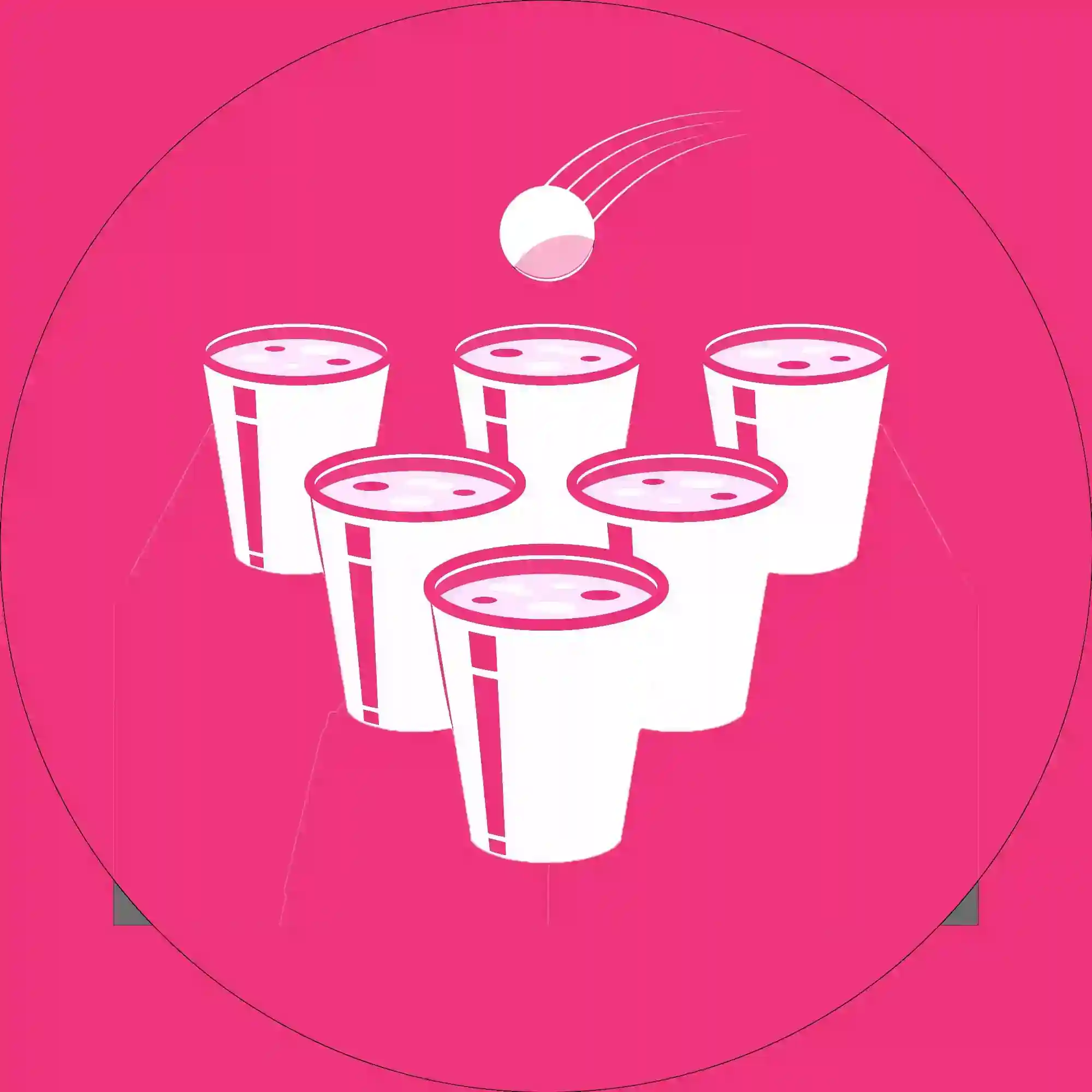A ping pong ball is shown in mid-air above six arranged cups, representing the game of beer pong, on a solid pink background.