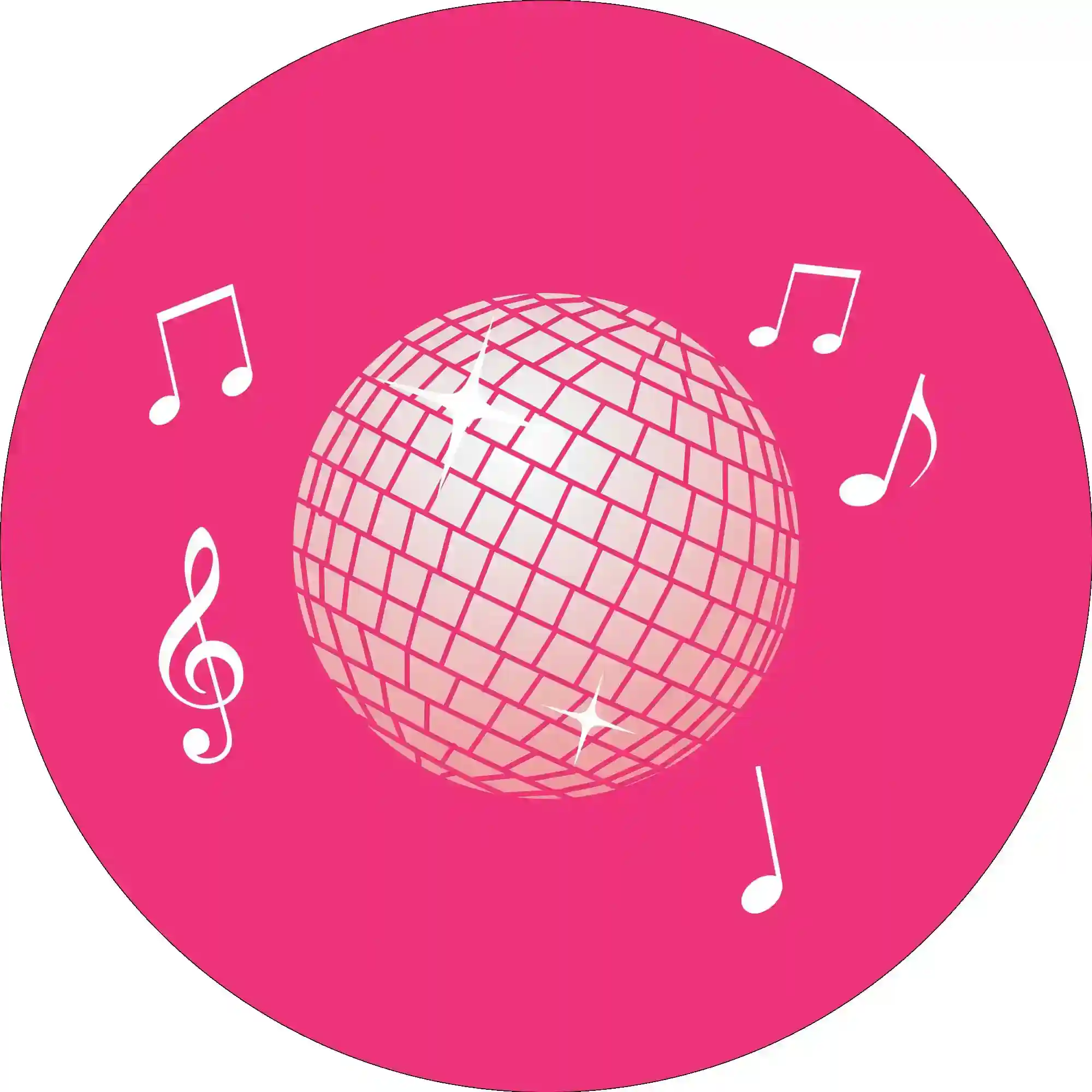 A white disco ball and musical notes on a solid pink circular background.