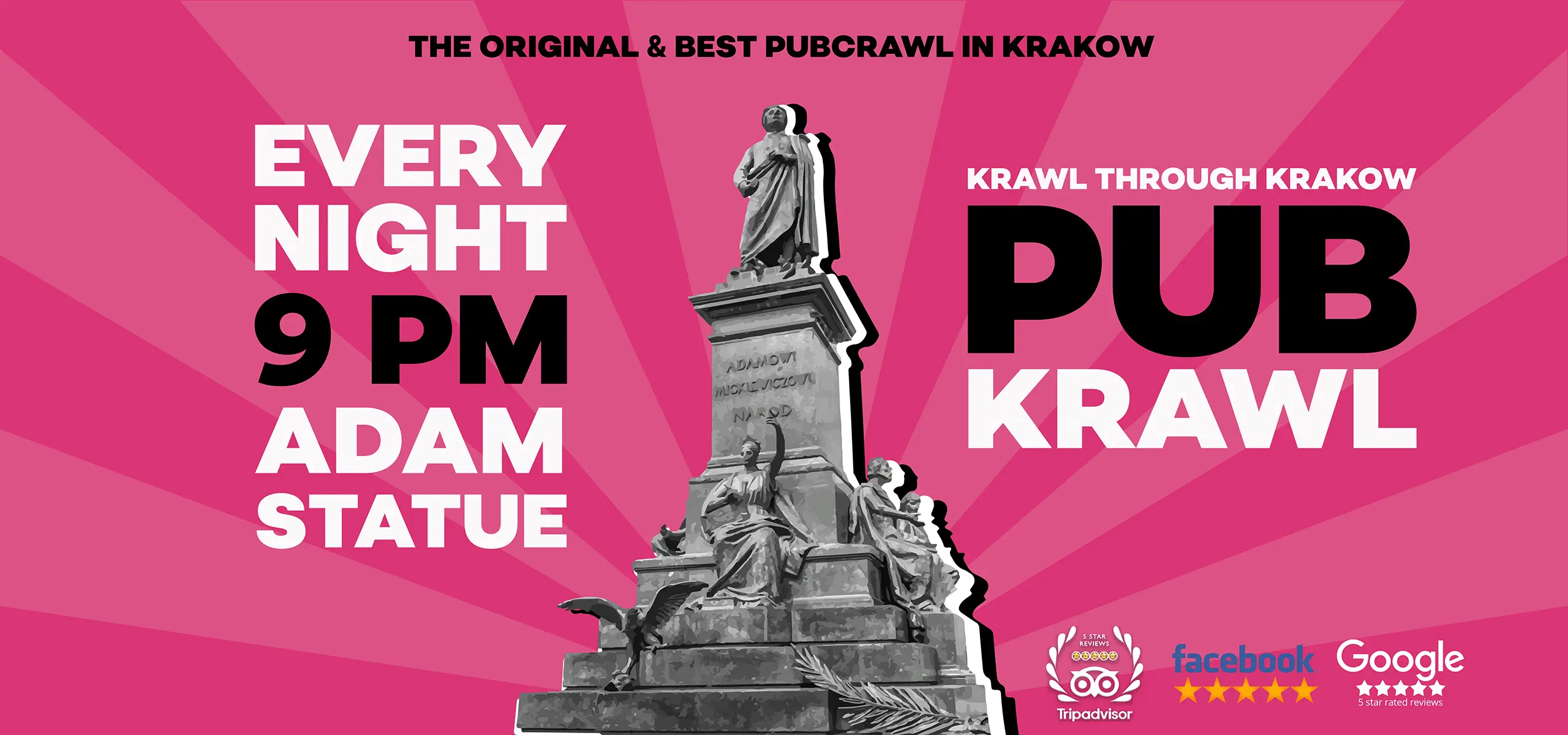 Advertisement for a Krawl Through Krakow pub crawl event starting at the Adam Statue at 9 pm