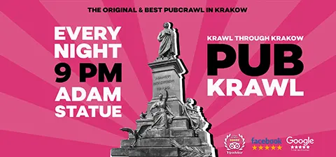 Join our Krakow pub crawl nightly, starting at the Adam Statue at 9 PM.