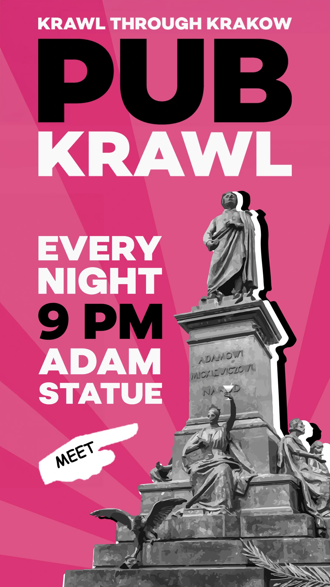 Promotional poster for "Krakow pub crawl" event featuring Adam Mickiewicz monument, with event details overlaid in bright text.